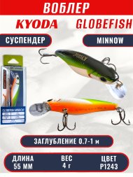 Воблер KYODA Globefish Minnow-55SP, длина 5,5 см, вес 4.0 гр цвет P1243, заглубление 0,7-1,0 м